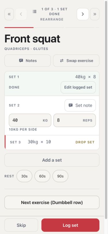 ActualSet live workout showing the current exercise and weight and reps inside the set fields